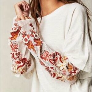 Free People Floral Embroidered Blouse - White and Red